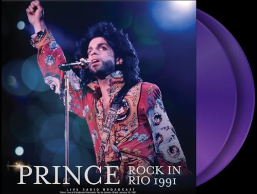 Prince performing with a microphone, album cover with purple vinyl records.