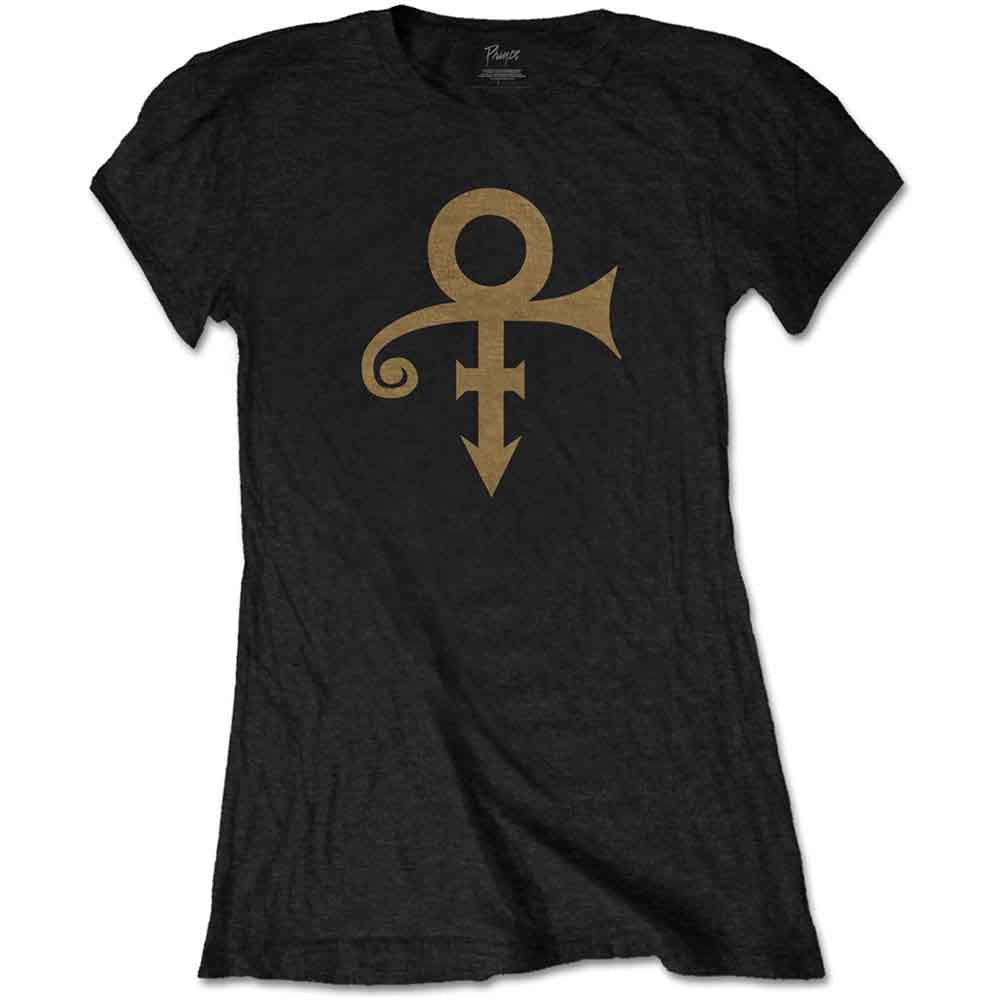 Black women's t-shirt with a gold Prince symbol on the front.
