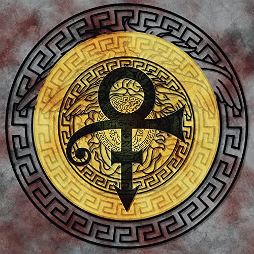 Circular gold emblem featuring a black Love Symbol over a Medusa head background.