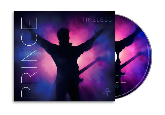 Prince "Timeless" CD cover with artist silhouette in purple hues.