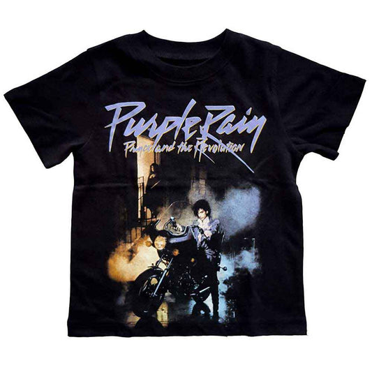 Black toddler t-shirt with purple “Purple Rain” logo and motorcycle image.