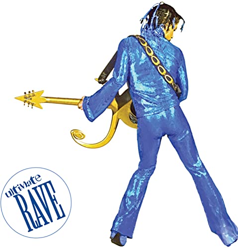 Prince in a blue suit playing a gold guitar with the Ultimate Rave logo.
