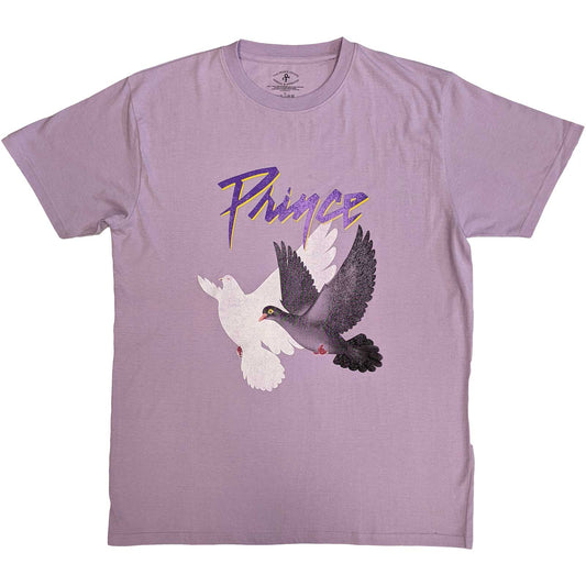 Distressed purple t-shirt with repeating dove graphic, unisex small size.