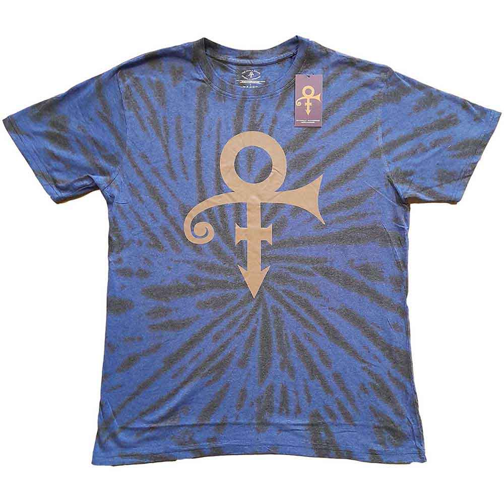 Unisex medium t-shirt with a gold Prince symbol on a dip-dye fabric background.