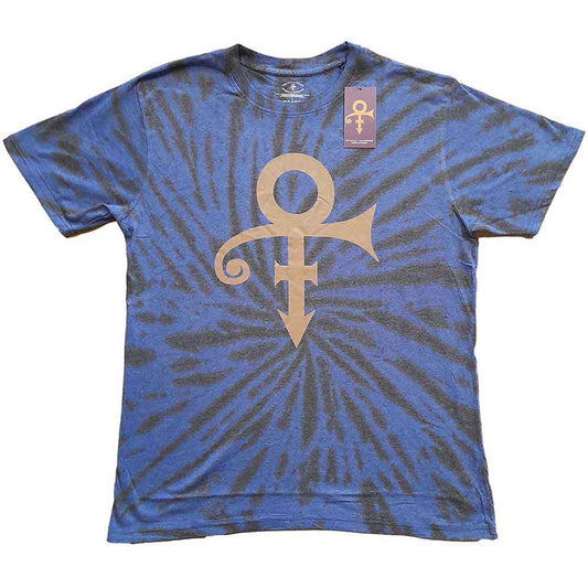 Unisex medium t-shirt with a gold Prince symbol on a dip-dye fabric background.