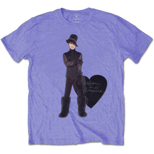 Purple t-shirt with a heart design, size small, product barcode visible.