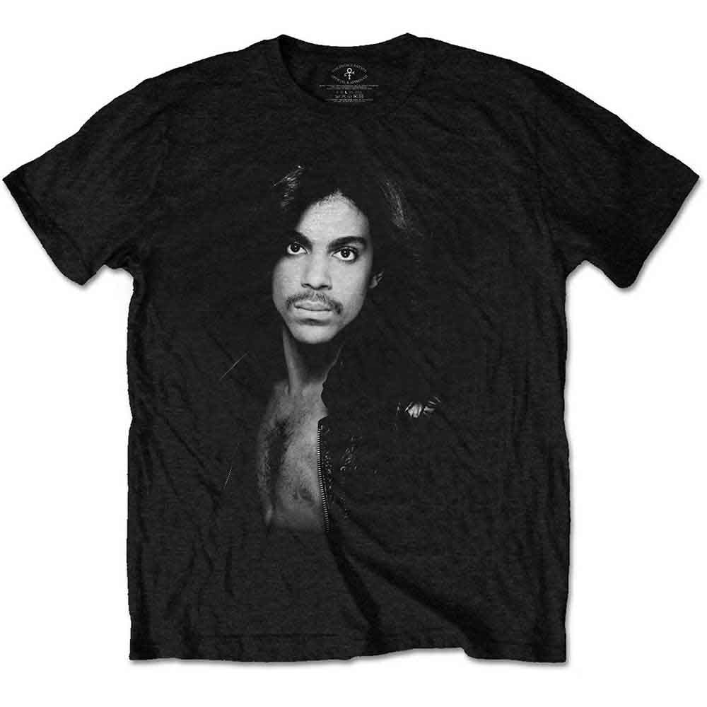 Black t-shirt with a grayscale portrait of Prince wearing a jacket.