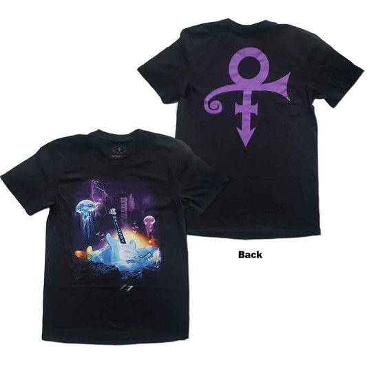 Black Prince t-shirt with colorful lotus flower and guitar graphic.