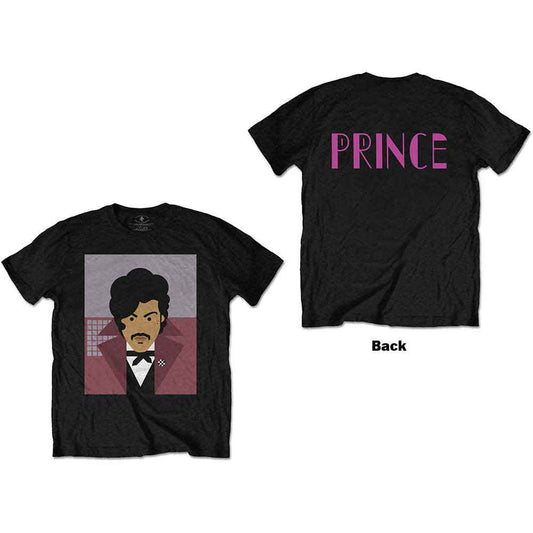 Black unisex t-shirt featuring a collage of Prince's faces printed on the back.