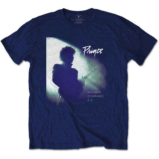 Navy t-shirt with a silhouette of Prince playing guitar.