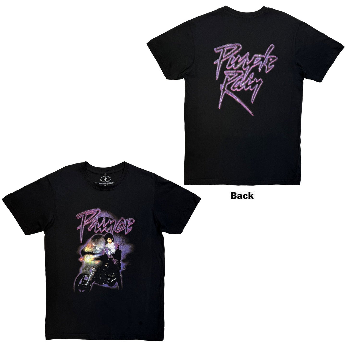 Black Prince t-shirt with purple “Purple Rain” logo and motorcycle image.