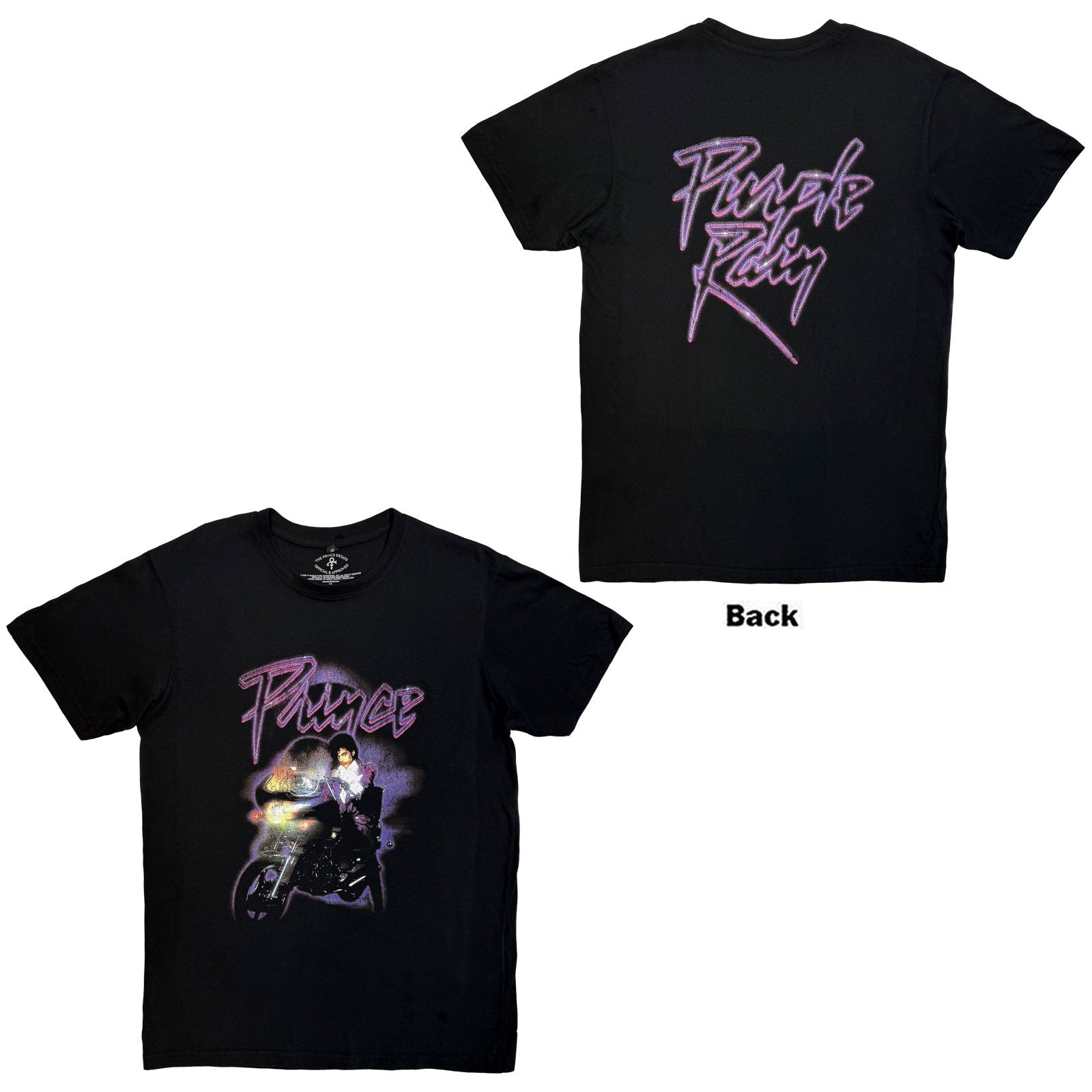 Black Prince t-shirt with purple “Purple Rain” logo and motorcycle image.