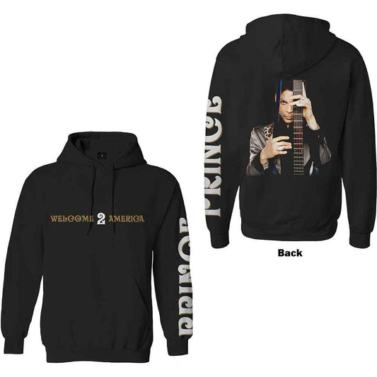 Black hoodie with “Welcome 2 America” print, worn by a man.