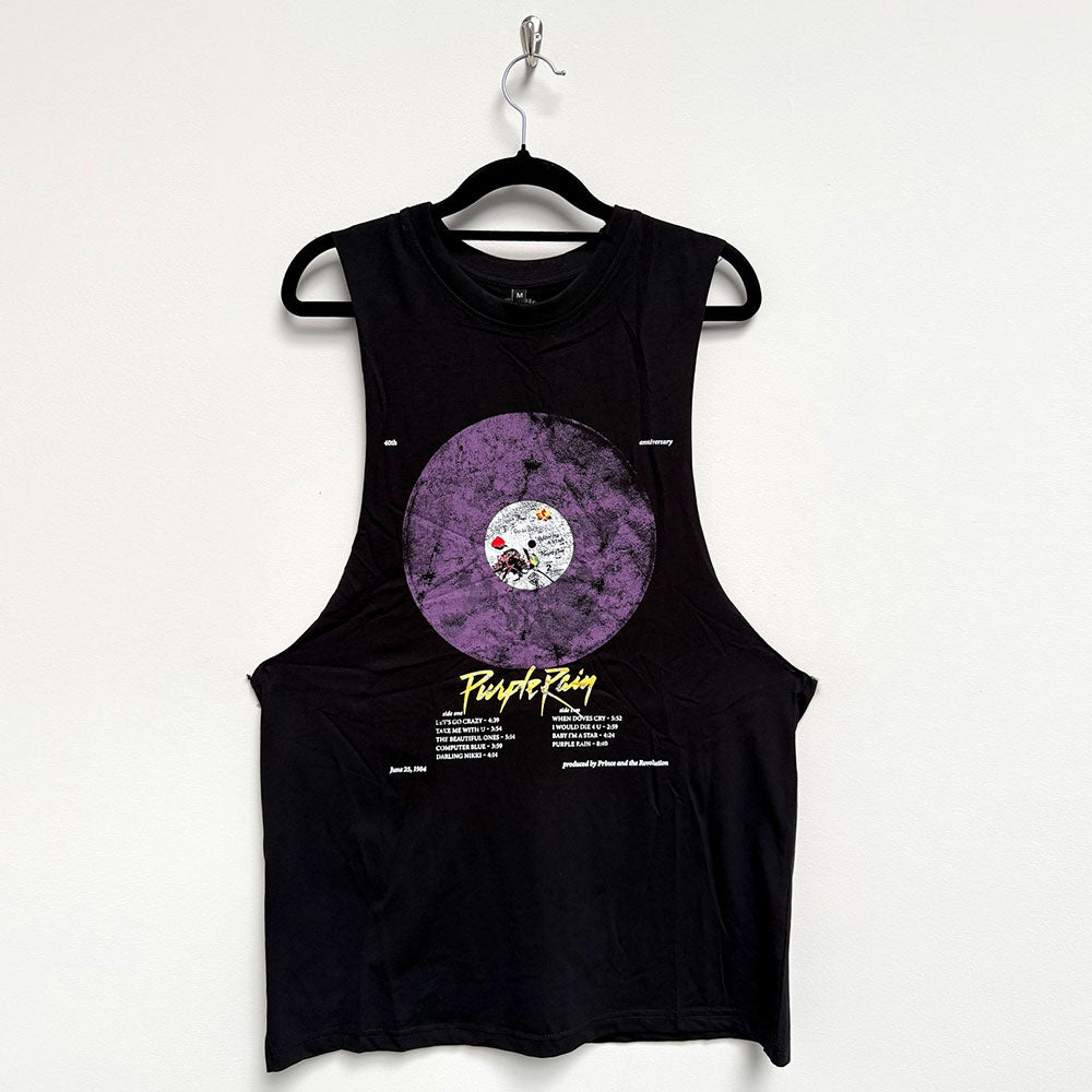 Black unisex vest T-shirt featuring a Purple Rain disc graphic on the front.