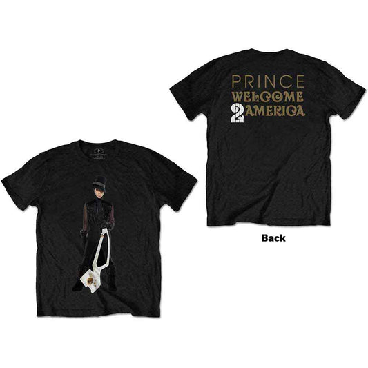 Black t-shirt featuring Prince wearing a top hat and holding a white guitar.