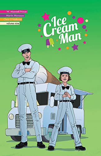 Comic book cover: two figures in uniform stand before an ice cream truck.
