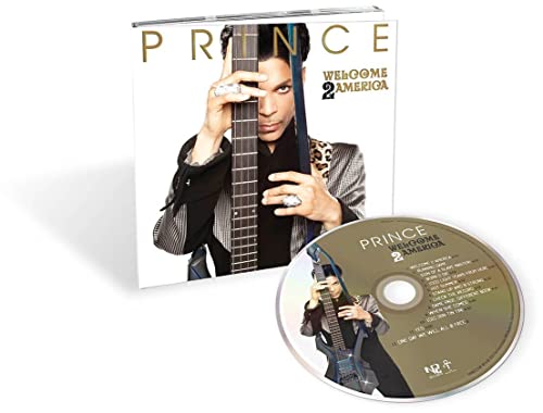 Prince "Welcome 2 America" CD case and disc with artist portrait.