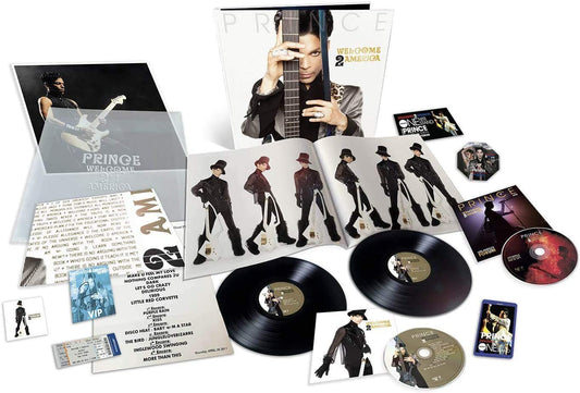 Prince's album Welcome 2 America deluxe edition on vinyl with various included materials.