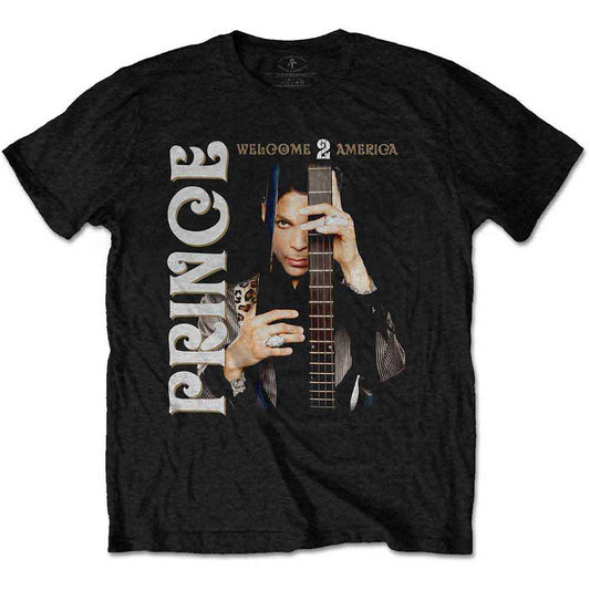 Black t-shirt with Prince’s “Welcome 2 America” album artwork graphic.