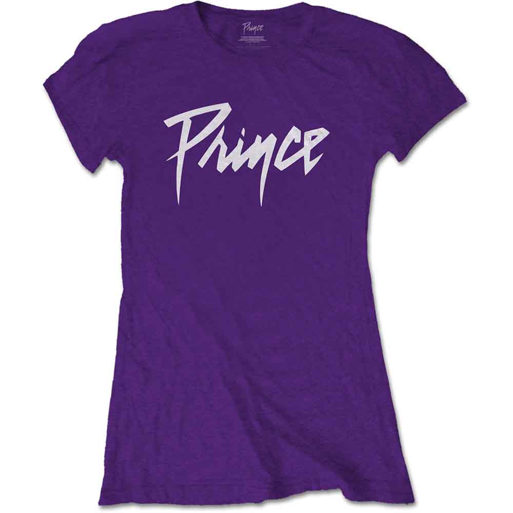 Purple women's t-shirt with white "Prince" script logo centered on chest.