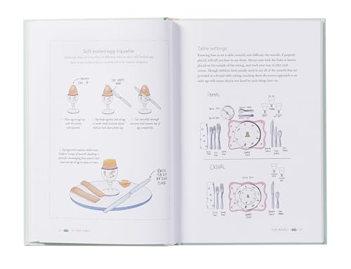 Open book showing illustrated instructions for eating soft-boiled eggs and formal table settings.