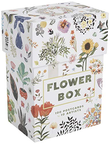 White box covered in colorful floral illustrations, containing postcards.