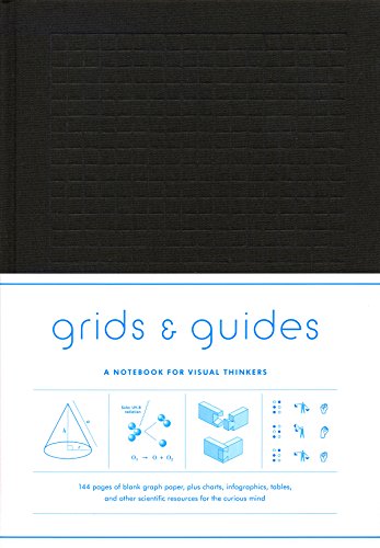 Black notebook cover with white text: "grids & guides" and sample diagrams.