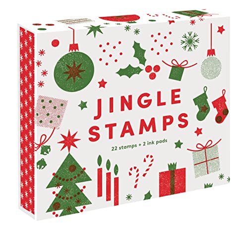 Box for Jingle Stamps featuring Christmas-themed illustrations in red and green on white.