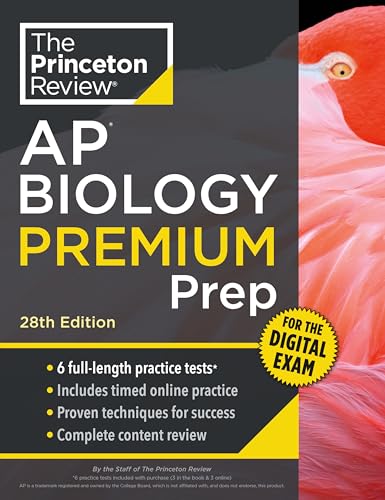 AP Biology Premium Prep textbook, 28th edition, with a flamingo image.