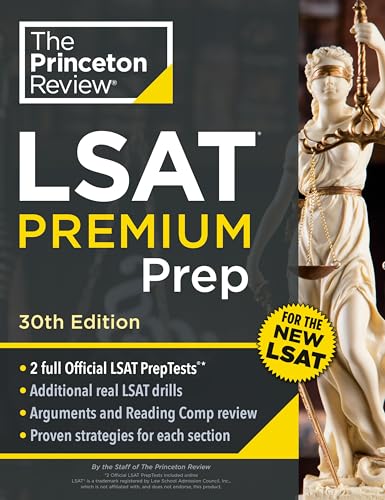 LSAT Premium Prep book cover, 30th edition, featuring Lady Justice statue.