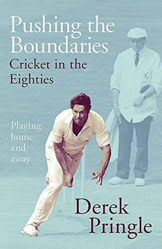 Book cover: cricketer bowling, umpire in background, title “Pushing the Boundaries”.