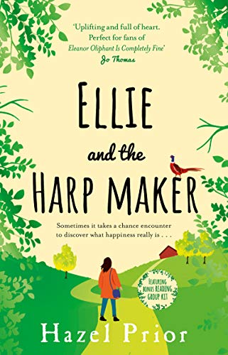 Book cover: "Ellie and the Harpmaker" with a woman walking toward a red building.
