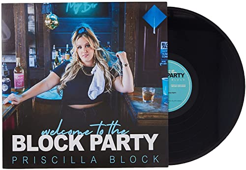 Priscilla Block album cover with vinyl record, bar background.