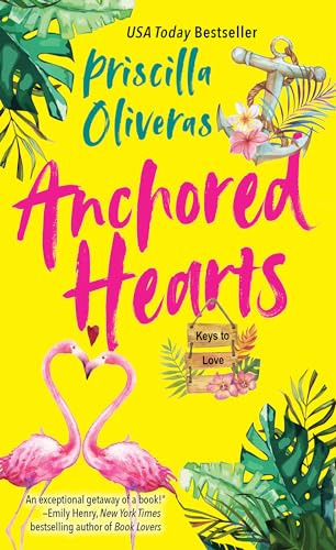 Bright yellow book cover with flamingos, an anchor, and tropical foliage.