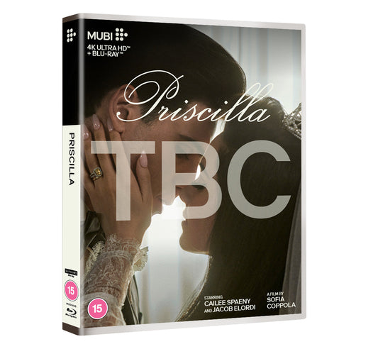 Priscilla" Blu-ray cover featuring a portrait of Cailee Spaeny in profile.