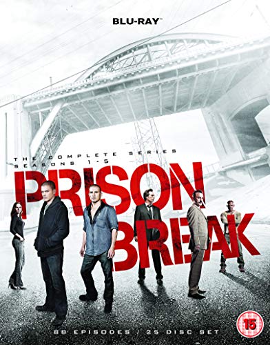 “Prison Break” Seasons 1-5 Blu-ray box set cover with cast and prison imagery.