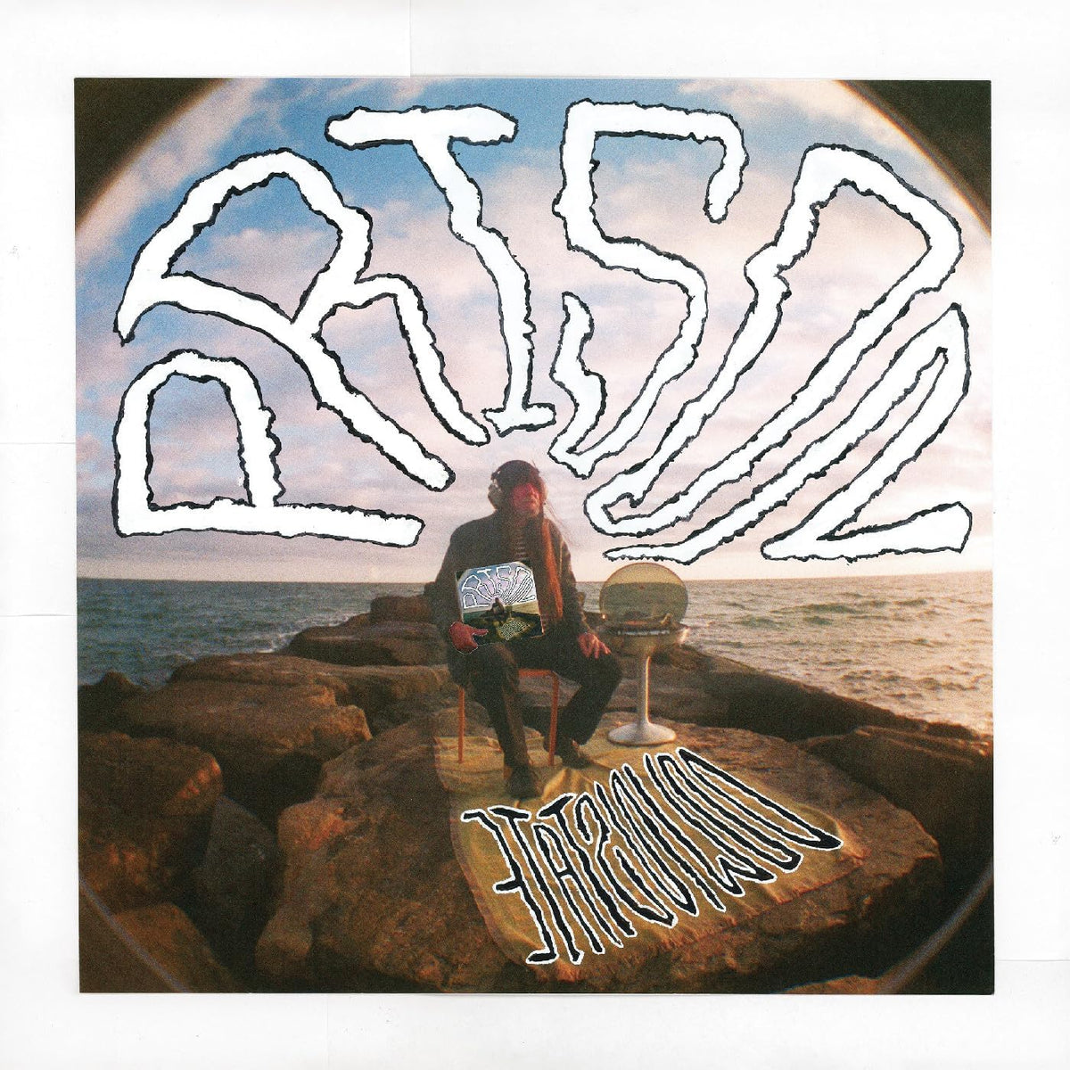 Vinyl album cover with a person seated on rocks by the sea.