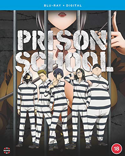 Five anime characters in striped prison uniforms standing behind bars with a woman behind them.