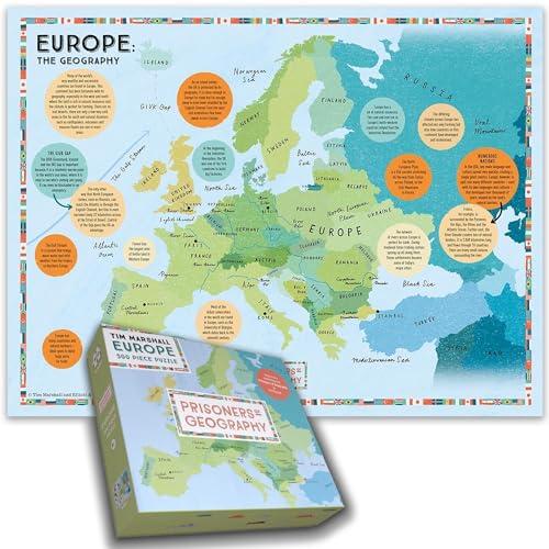 A Prisoners of Geography Europe map jigsaw puzzle box in front of the map.