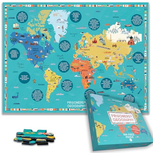 Colorful world map jigsaw puzzle and box, depicting landmarks and animals.
