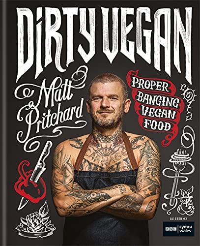 Book cover featuring a tattooed chef with the title "Dirty Vegan" in script.