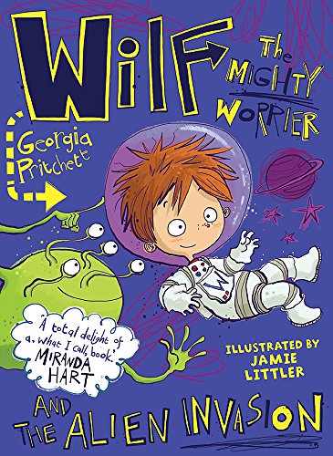 Boy in spacesuit floats near green aliens, book cover illustration.