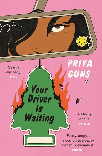 Book cover with a woman’s face in a rearview mirror and a burning air freshener.