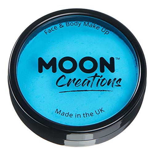 A round black container of bright aqua blue face and body paint.