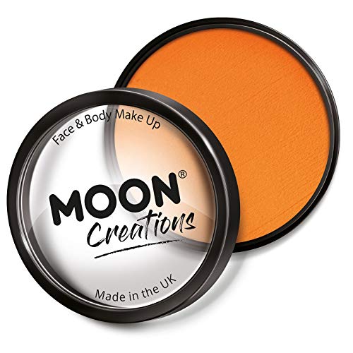 A round container of bright orange face and body paint with a transparent lid.