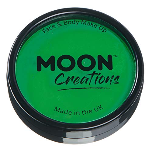 A round black container filled with bright green face and body paint.