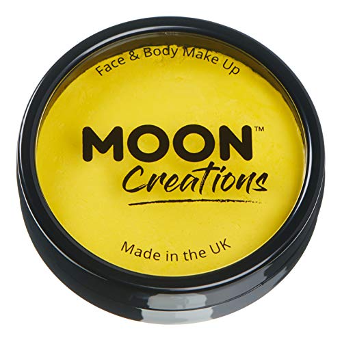 A round black container filled with bright yellow face and body paint.