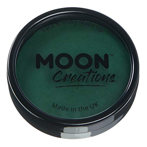 A circular pot of dark green face and body paint by Moon Creations.