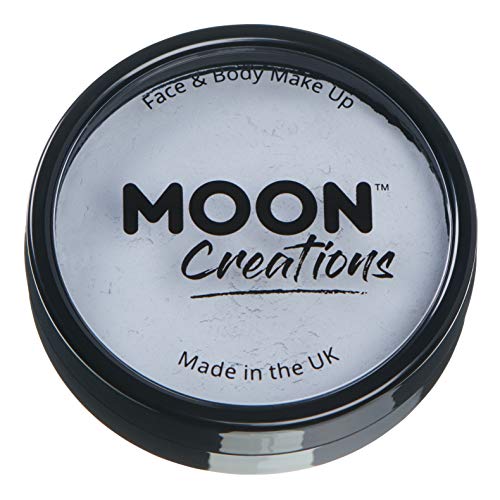 A circular container of light grey face and body paint by Moon Creations.