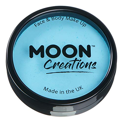 A circular black container filled with light blue face and body paint.